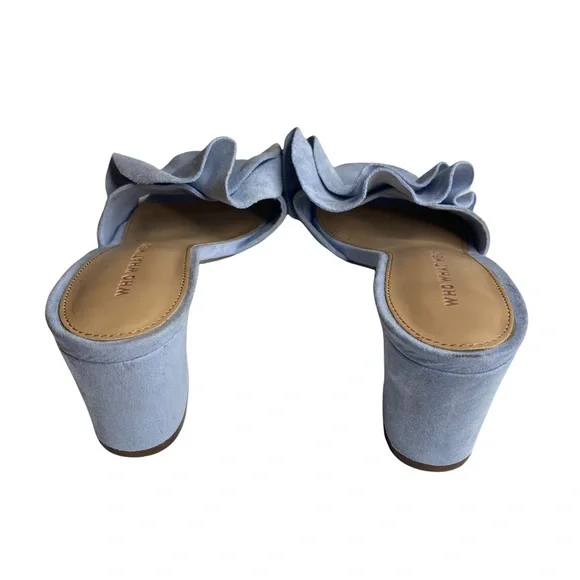 new Who What Wear ꧁ Zadie Ruffled Mule Heels Slide In Sandals ꧂ Blue Vegan Suede - Picture 5 of 16